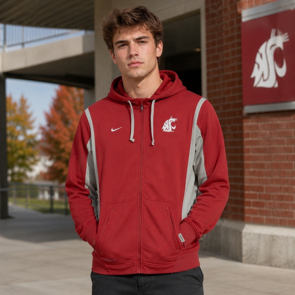 Nike Washington State Cougars Men's S Therma-FIT Full Zip Hoodie Red Gray - Picture 1 of 7
